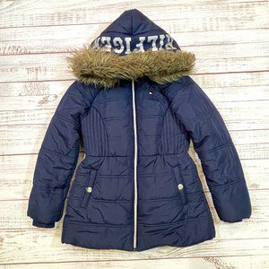 Girls Tommy Hilfiger Long Puffer Jacket with Faux Fur Hood